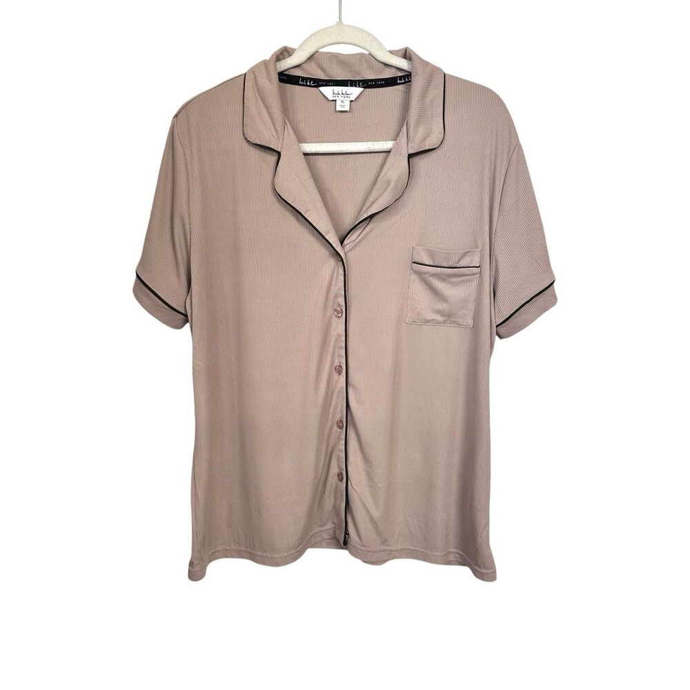 Nicole Miller NY Womens Sz XL Taupe Brown Button Up Ribbed Pajama Top Soft Cozy